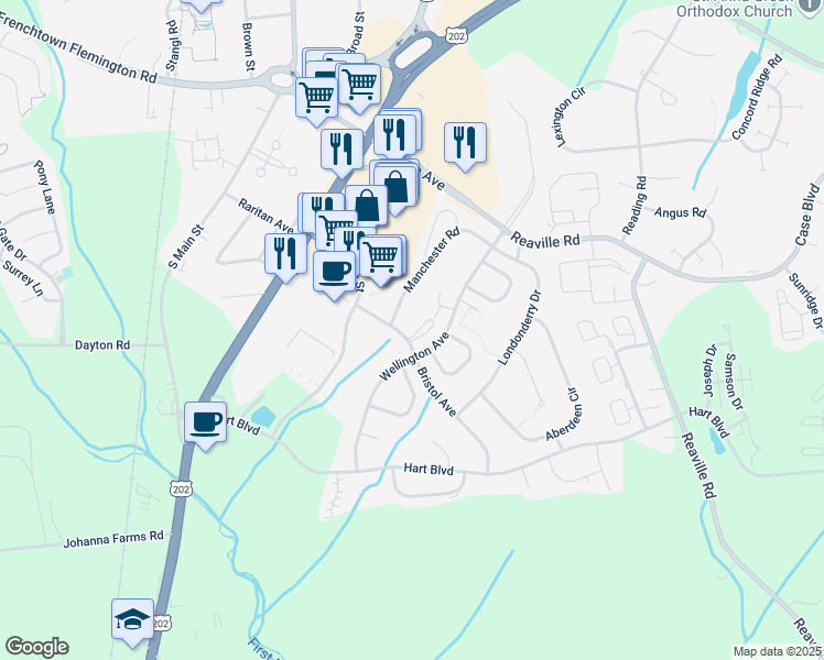 map of restaurants, bars, coffee shops, grocery stores, and more near 3 Sherwood Court in Flemington
