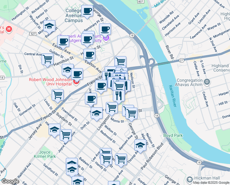 map of restaurants, bars, coffee shops, grocery stores, and more near 70 Bayard Street in New Brunswick
