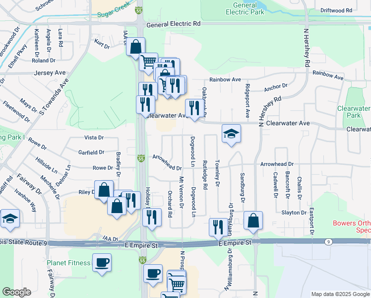 map of restaurants, bars, coffee shops, grocery stores, and more near 1313 Mount Vernon Drive in Bloomington