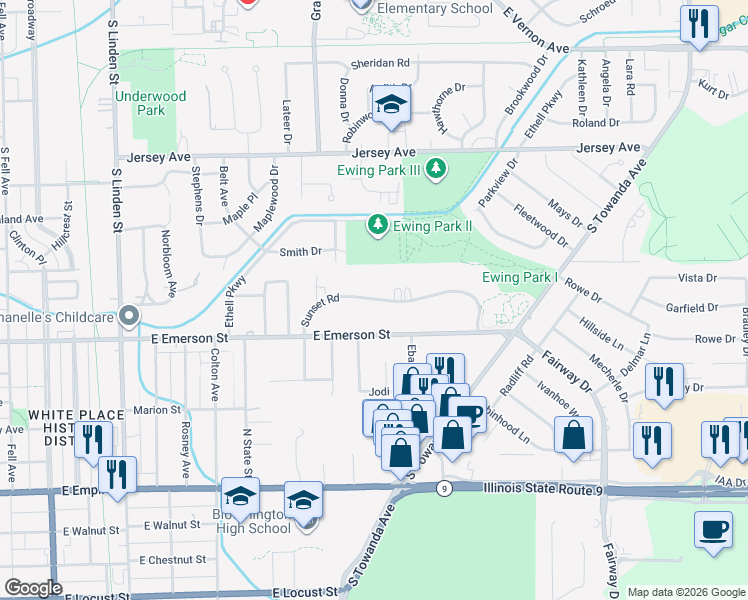 map of restaurants, bars, coffee shops, grocery stores, and more near 21 Sunset Road in Bloomington