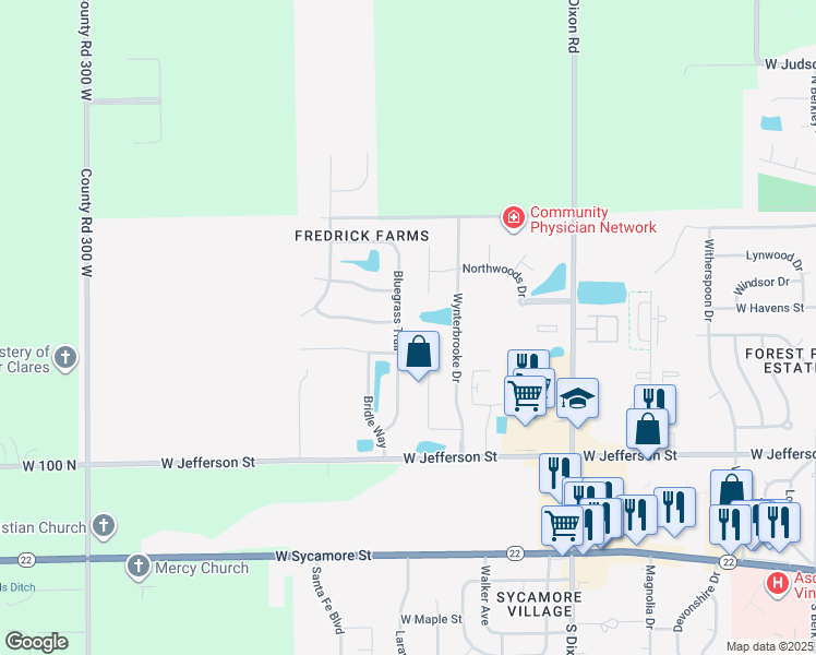 map of restaurants, bars, coffee shops, grocery stores, and more near 639 Bluegrass Trail in Kokomo