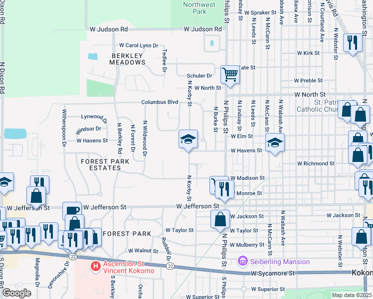 map of restaurants, bars, coffee shops, grocery stores, and more near 1001 North Korby Street in Kokomo