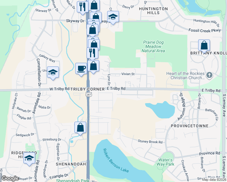 map of restaurants, bars, coffee shops, grocery stores, and more near 6608 Kevin Drive in Fort Collins