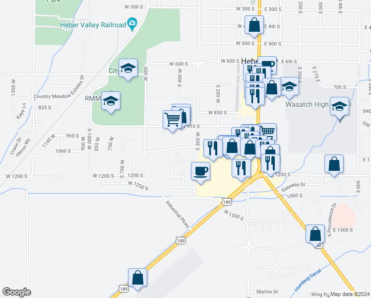 map of restaurants, bars, coffee shops, grocery stores, and more near 372 West 1080 South in Heber City