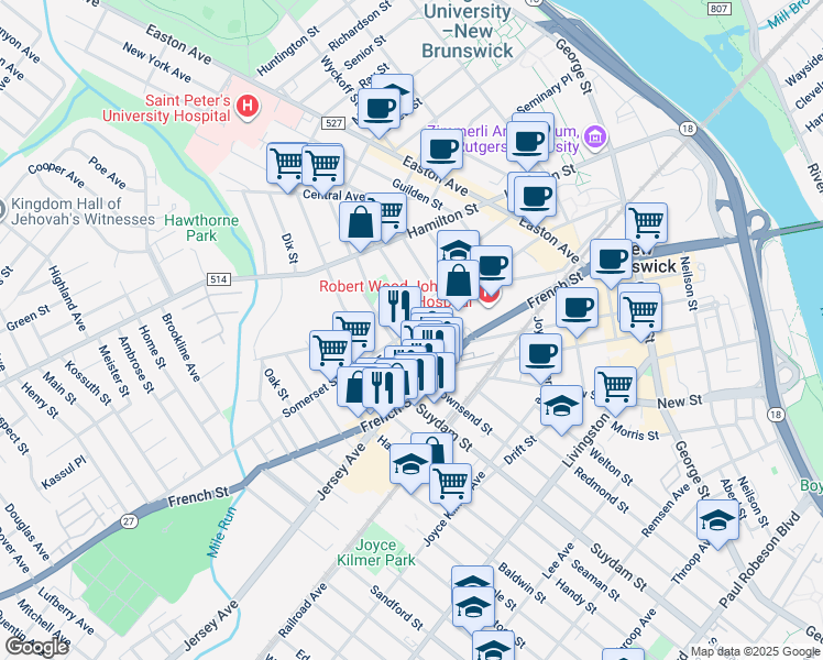 map of restaurants, bars, coffee shops, grocery stores, and more near 16 Prospect Street in New Brunswick