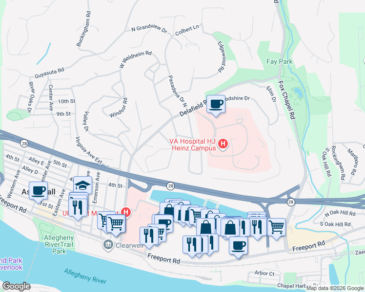 map of restaurants, bars, coffee shops, grocery stores, and more near 144 Riverview Terrace in Pittsburgh