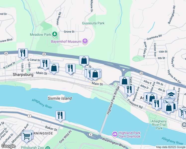map of restaurants, bars, coffee shops, grocery stores, and more near 120 23rd Street in Sharpsburg