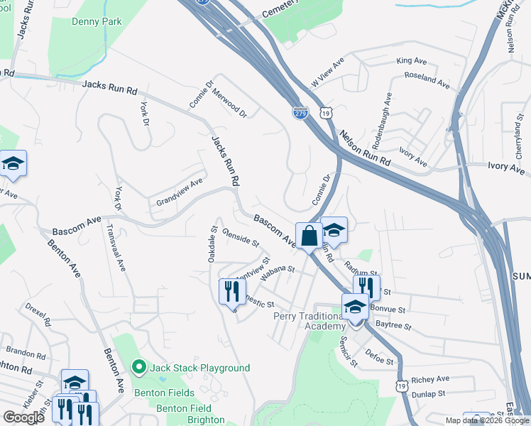 map of restaurants, bars, coffee shops, grocery stores, and more near 123 Bascom Avenue in Pittsburgh