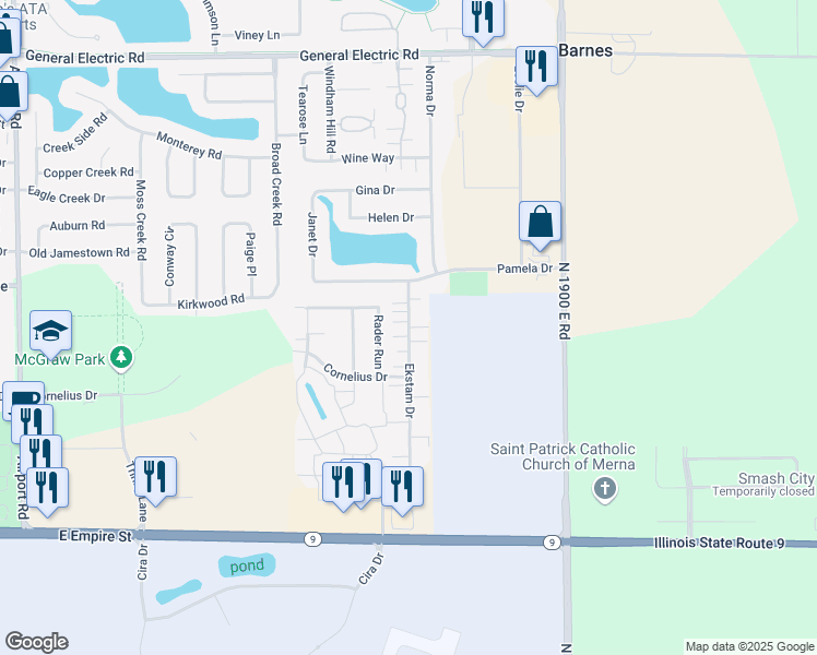 map of restaurants, bars, coffee shops, grocery stores, and more near 1105 Ekstam Drive in Bloomington