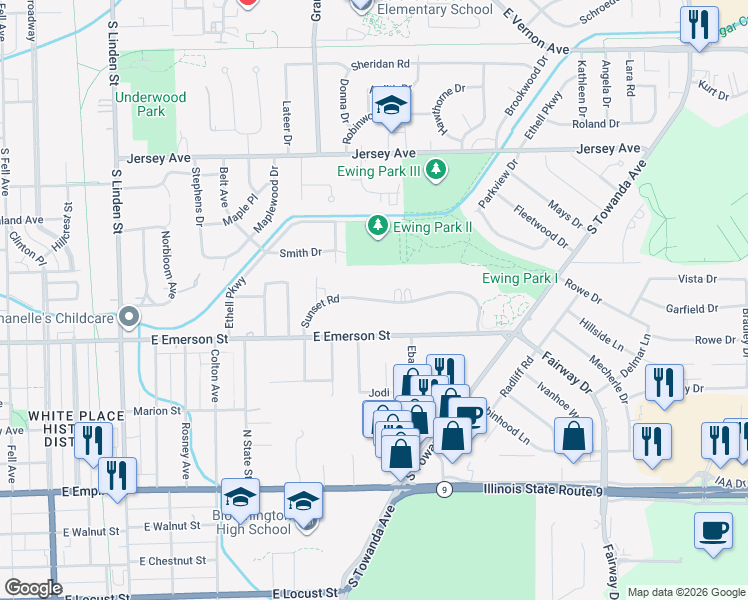 map of restaurants, bars, coffee shops, grocery stores, and more near 21 Sunset Road in Bloomington