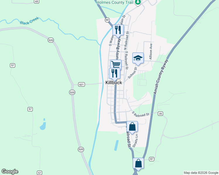 map of restaurants, bars, coffee shops, grocery stores, and more near 244 South Main Street in Killbuck