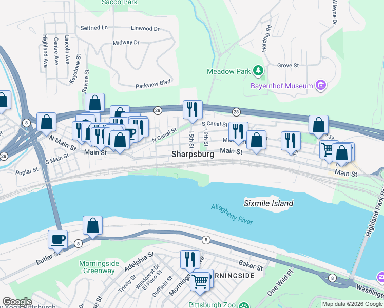 map of restaurants, bars, coffee shops, grocery stores, and more near 100 15th Street in Pittsburgh