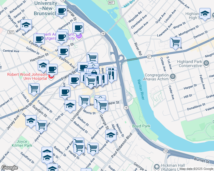 map of restaurants, bars, coffee shops, grocery stores, and more near 149 Neilson Street in New Brunswick
