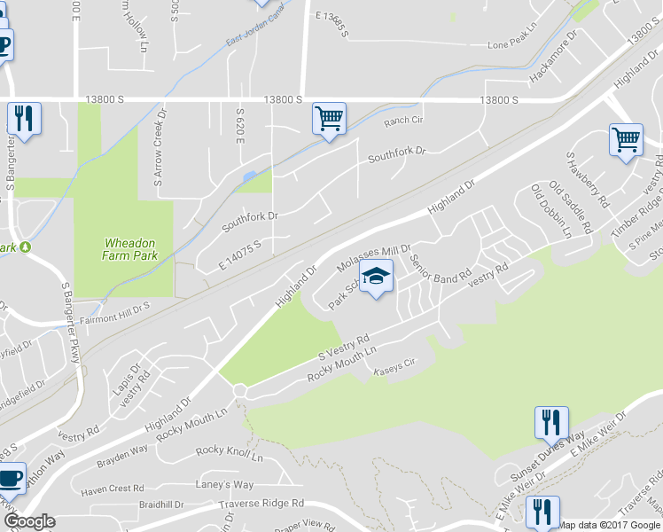 map of restaurants, bars, coffee shops, grocery stores, and more near 775 Molasses Mill Drive South in Draper