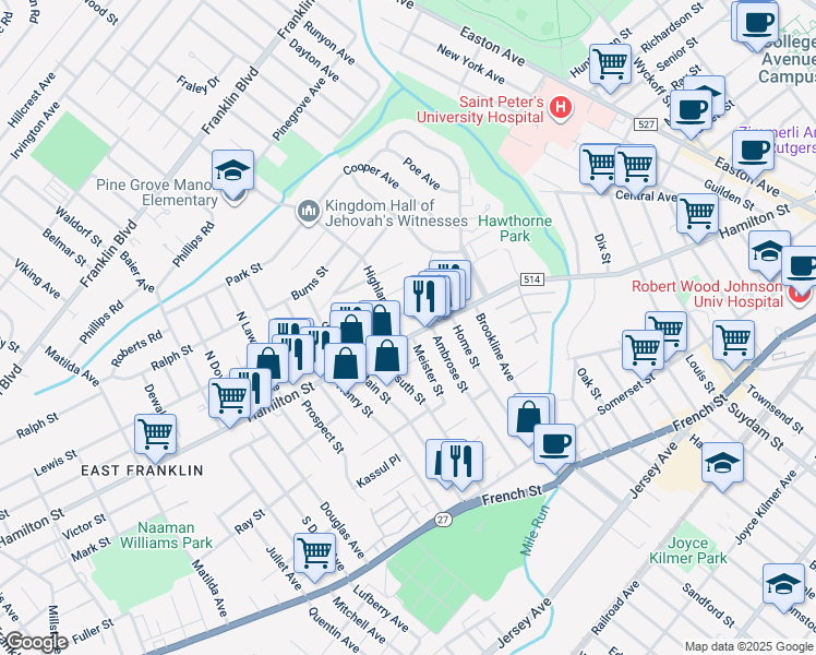 map of restaurants, bars, coffee shops, grocery stores, and more near 559 Hamilton Street in Franklin Township