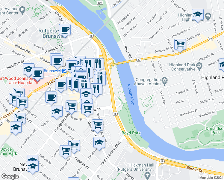 map of restaurants, bars, coffee shops, grocery stores, and more near Memorial Parkway in New Brunswick