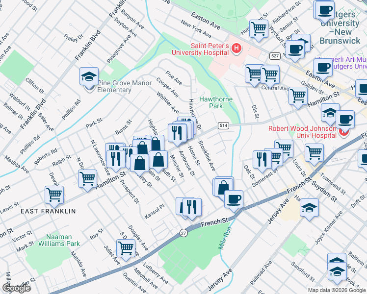 map of restaurants, bars, coffee shops, grocery stores, and more near 128 Ambrose Street in Franklin Township