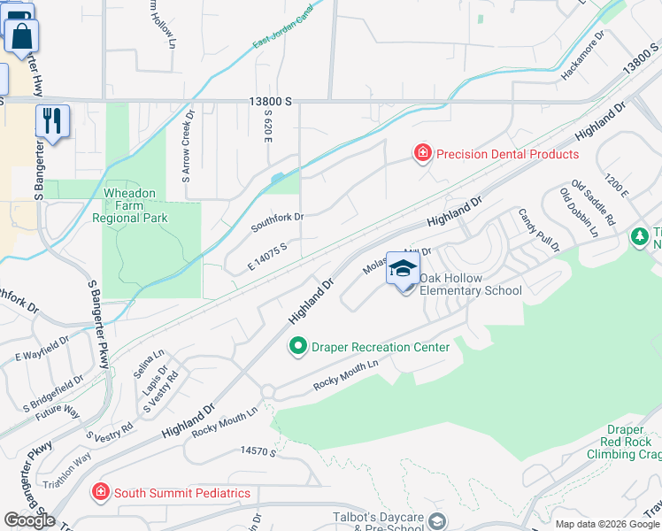 map of restaurants, bars, coffee shops, grocery stores, and more near 668 Rockwell Vista in Draper