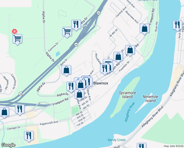 map of restaurants, bars, coffee shops, grocery stores, and more near 335 Freeport Road in Blawnox