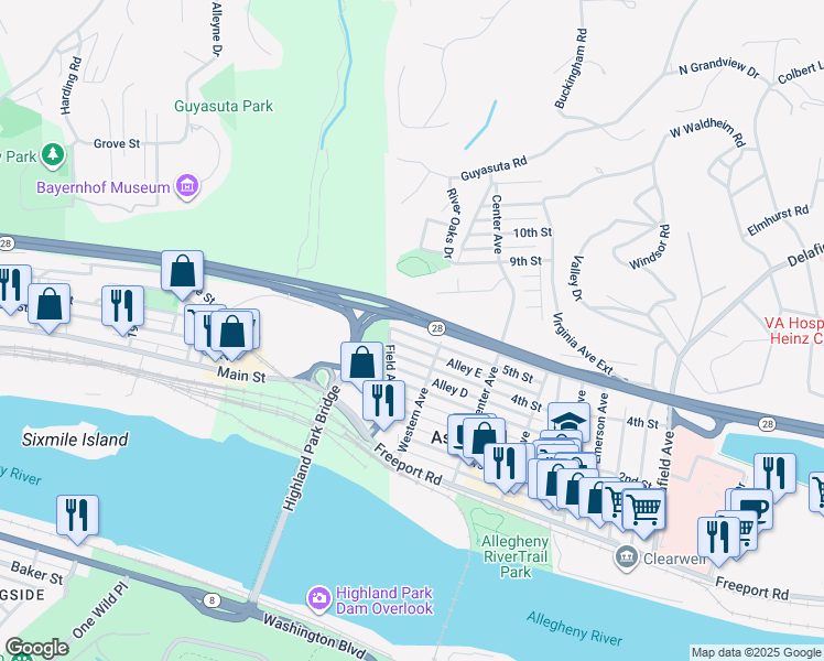 map of restaurants, bars, coffee shops, grocery stores, and more near 34 5th Street in Aspinwall