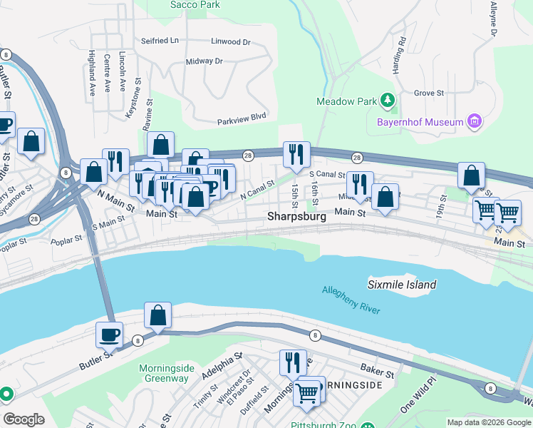 map of restaurants, bars, coffee shops, grocery stores, and more near 1311 Main Street in Pittsburgh