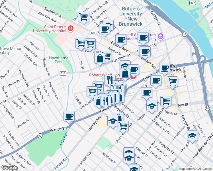 map of restaurants, bars, coffee shops, grocery stores, and more near 55 Harvey Street in New Brunswick