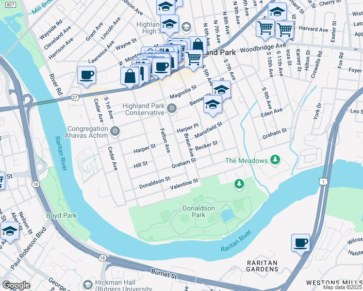 map of restaurants, bars, coffee shops, grocery stores, and more near 433 South 3rd Avenue in Highland Park