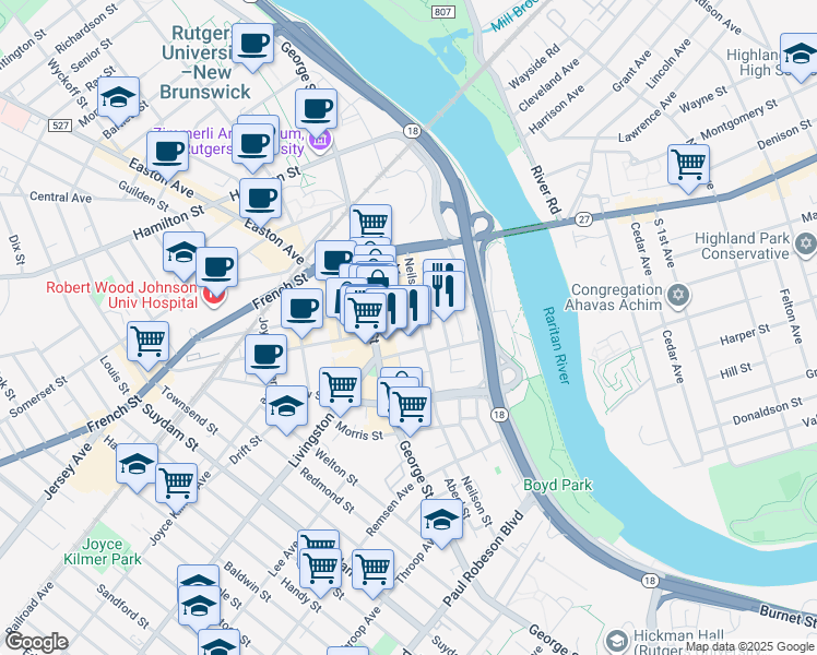 map of restaurants, bars, coffee shops, grocery stores, and more near 11 Bayard Street in New Brunswick