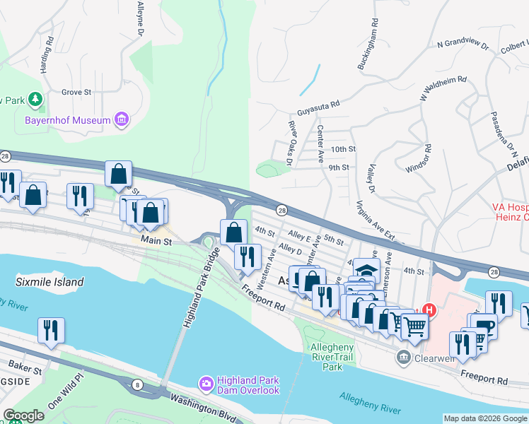 map of restaurants, bars, coffee shops, grocery stores, and more near 34 5th Street in Aspinwall