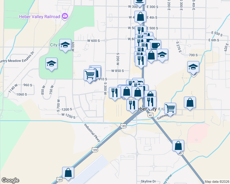 map of restaurants, bars, coffee shops, grocery stores, and more near 262 West 1000 South in Heber City