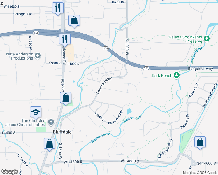 map of restaurants, bars, coffee shops, grocery stores, and more near 1414 Gerald Way in Bluffdale