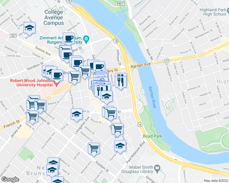 map of restaurants, bars, coffee shops, grocery stores, and more near 160 Neilson St in New Brunswick