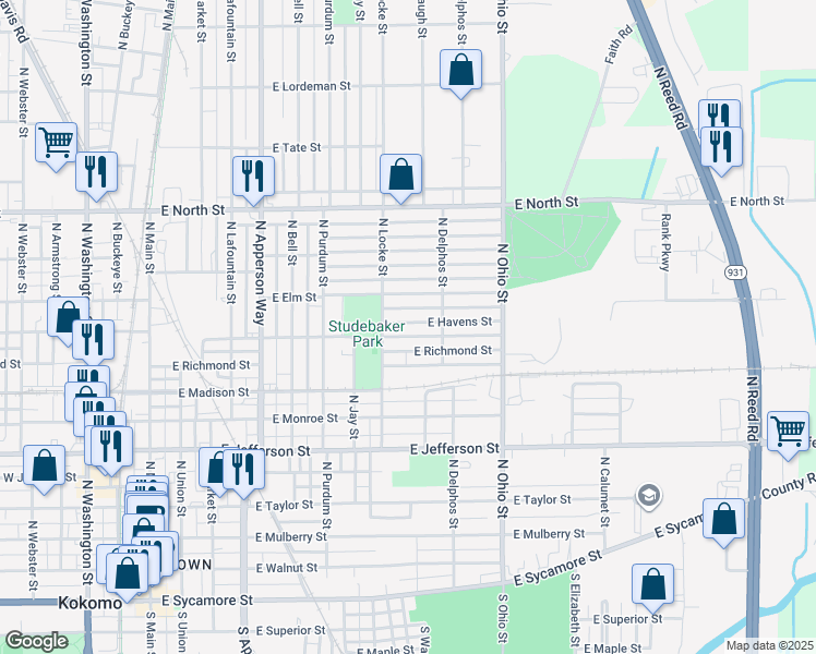 map of restaurants, bars, coffee shops, grocery stores, and more near 919 East Havens Street in Kokomo