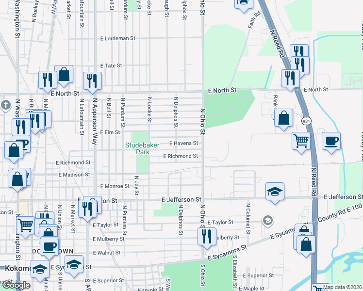 map of restaurants, bars, coffee shops, grocery stores, and more near 1015-1025 East Richmond Street in Kokomo