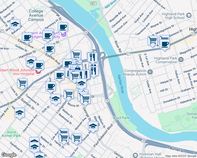 map of restaurants, bars, coffee shops, grocery stores, and more near 100 Hiram Square in New Brunswick