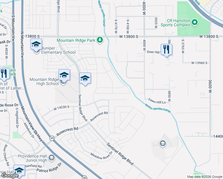 map of restaurants, bars, coffee shops, grocery stores, and more near 4236 Lower Meadow Drive in Herriman