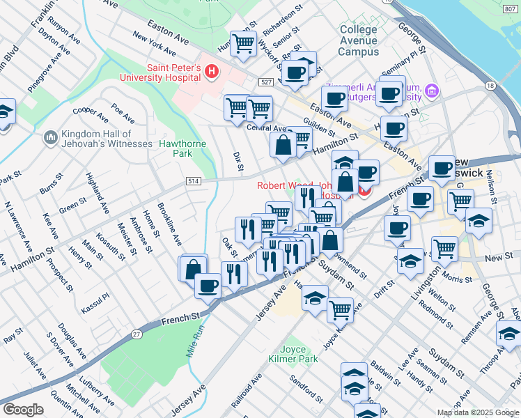 map of restaurants, bars, coffee shops, grocery stores, and more near 21 Freeman Street in New Brunswick