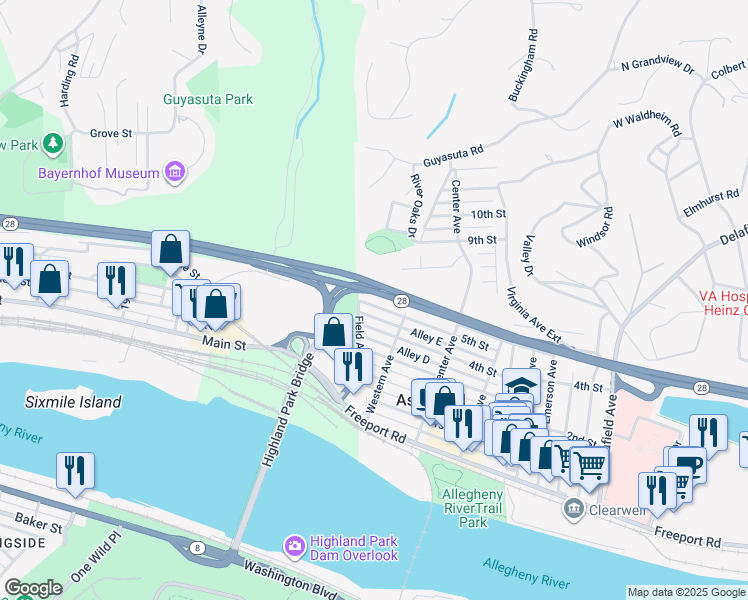 map of restaurants, bars, coffee shops, grocery stores, and more near 34 5th Street in Aspinwall