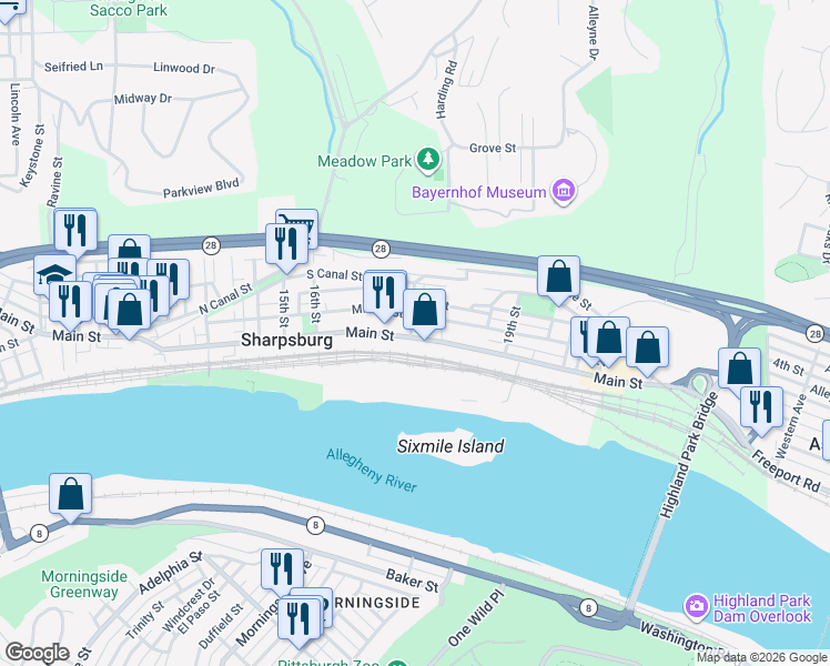 map of restaurants, bars, coffee shops, grocery stores, and more near 1801 Main Street in Pittsburgh