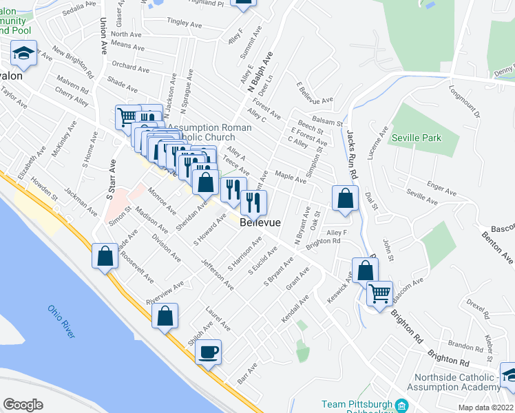 map of restaurants, bars, coffee shops, grocery stores, and more near in Bellevue