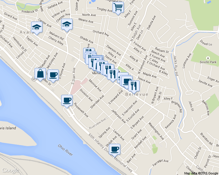 map of restaurants, bars, coffee shops, grocery stores, and more near 435 Lincoln Avenue in Bellevue
