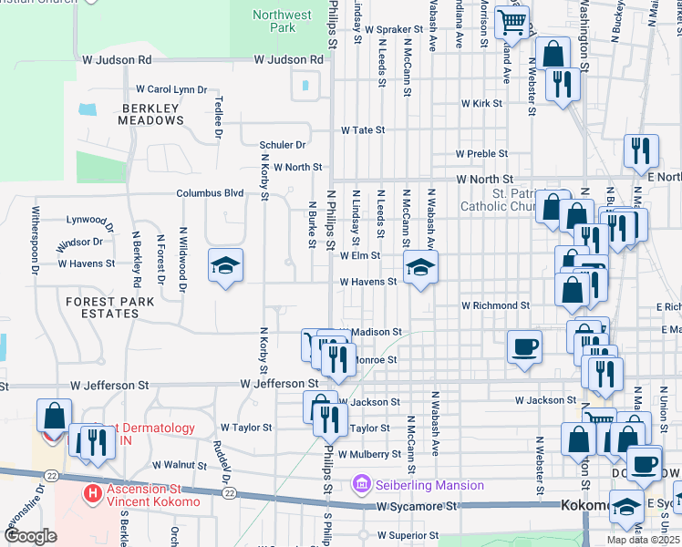map of restaurants, bars, coffee shops, grocery stores, and more near 1214 West Richmond Street in Kokomo