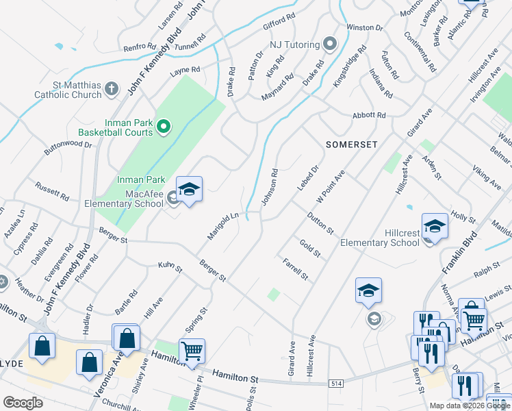 map of restaurants, bars, coffee shops, grocery stores, and more near 28 Johnson Road in Franklin Township
