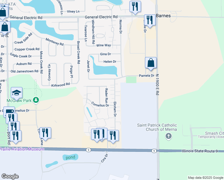 map of restaurants, bars, coffee shops, grocery stores, and more near 1114-1116 Ekstam Drive in Bloomington