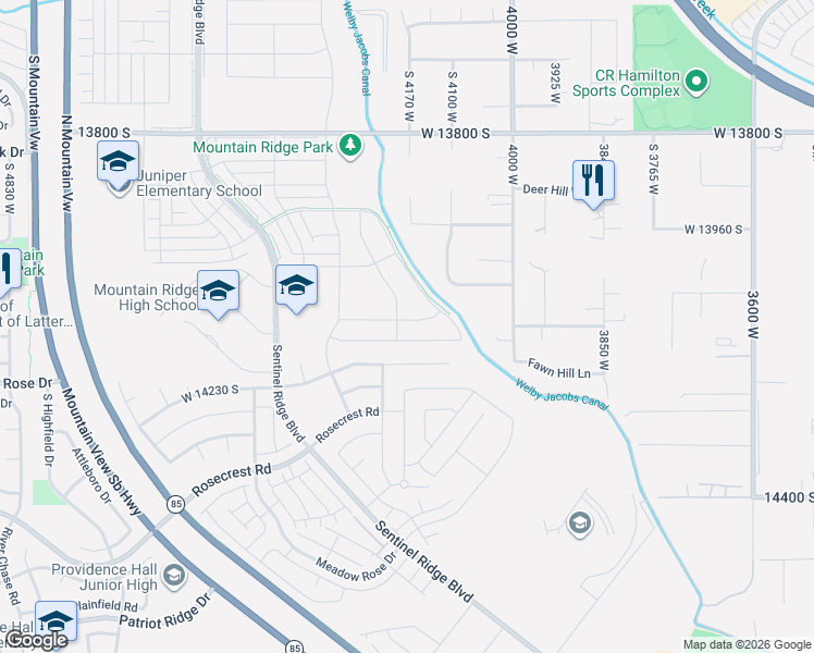 map of restaurants, bars, coffee shops, grocery stores, and more near 4177 West Paladin Way in Herriman