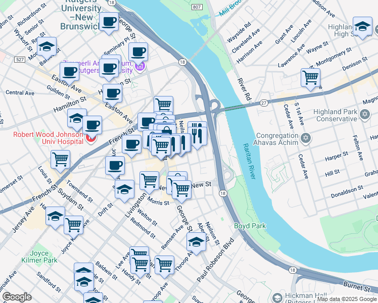 map of restaurants, bars, coffee shops, grocery stores, and more near 159 Neilson Street in New Brunswick