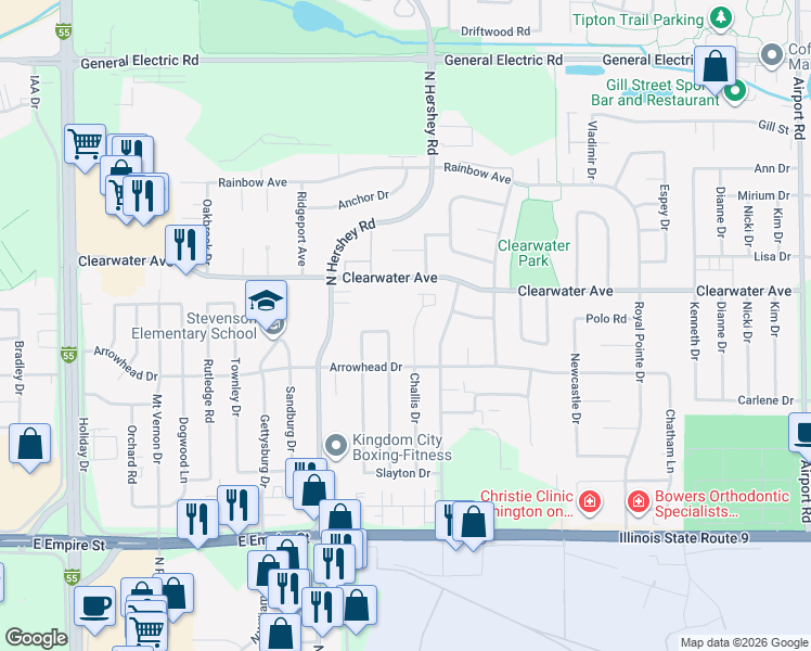 map of restaurants, bars, coffee shops, grocery stores, and more near 1308 Challis Drive in Bloomington