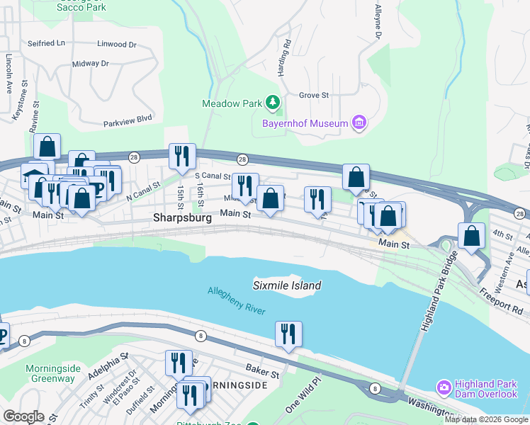 map of restaurants, bars, coffee shops, grocery stores, and more near 1801 Main Street in Pittsburgh