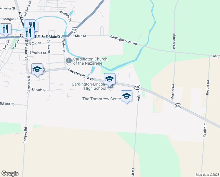 map of restaurants, bars, coffee shops, grocery stores, and more near 2801 State Highway 529 in Cardington