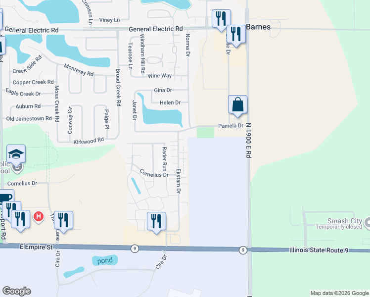 map of restaurants, bars, coffee shops, grocery stores, and more near 1109 Ekstam Drive in Bloomington